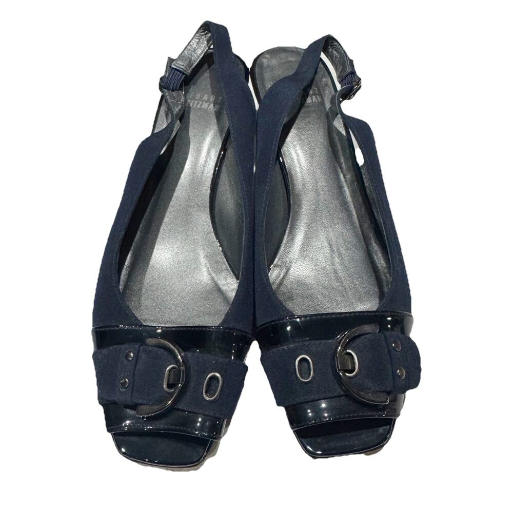 STUART WEITZMAN Black Navy Patent Leather Fabric Buckle Open Toe Pumps Sz 8.5